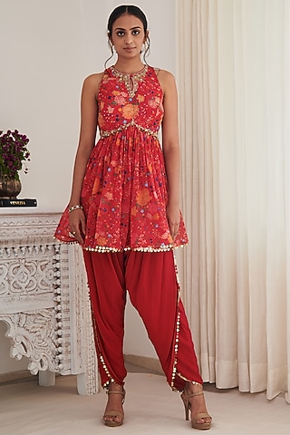 Red Viscose Crepe Dhoti Set by Shasha Gaba