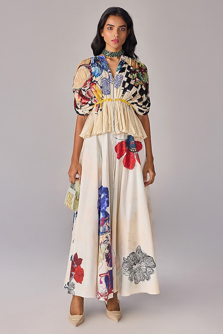 Multi-Colored Poplin Abstract Floral Printed HIgh-Waist Flared Maxi Skirt Set by Saaksha & Kinni at Pernia's Pop Up Shop