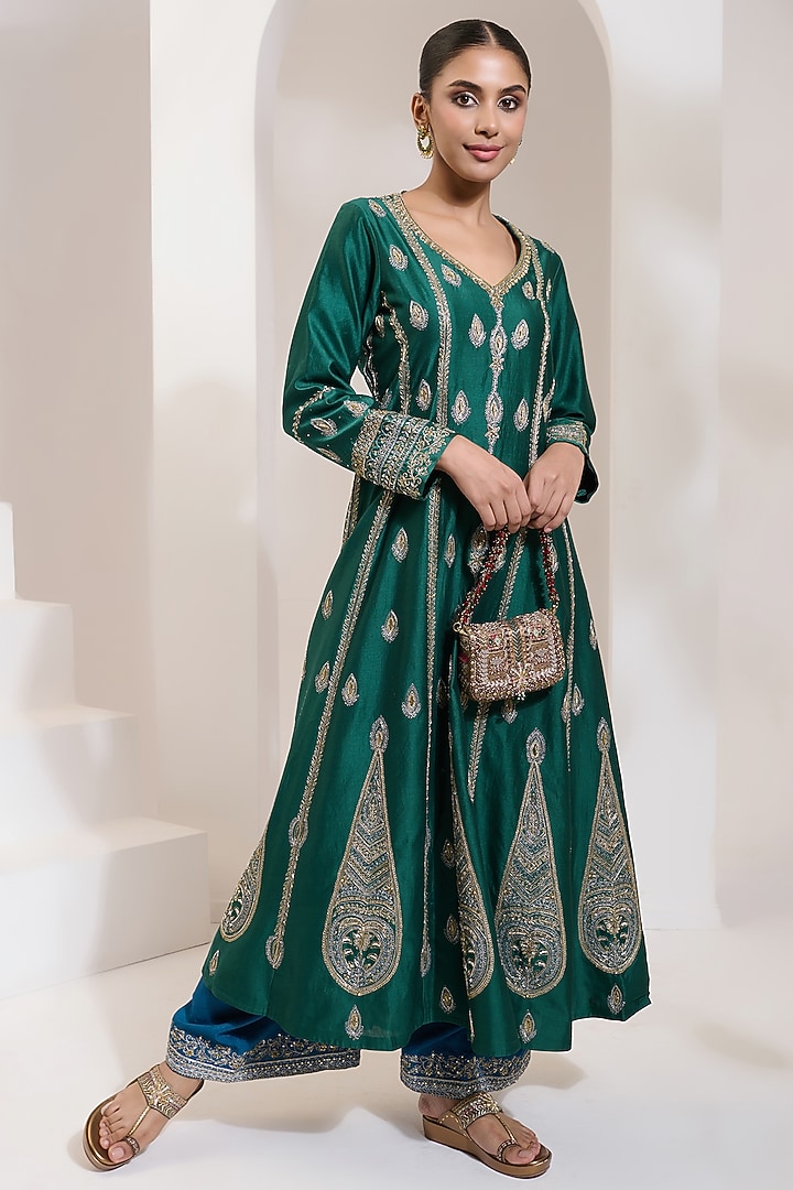 Green Chanderi Dori Hand Embroidered Wedding Anarkali Set by Saahiil Kapoor at Pernia's Pop Up Shop