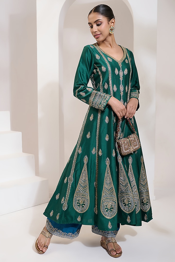 Green Chanderi Dori Hand Embroidered Wedding Anarkali Set by Saahiil Kapoor at Pernia's Pop Up Shop