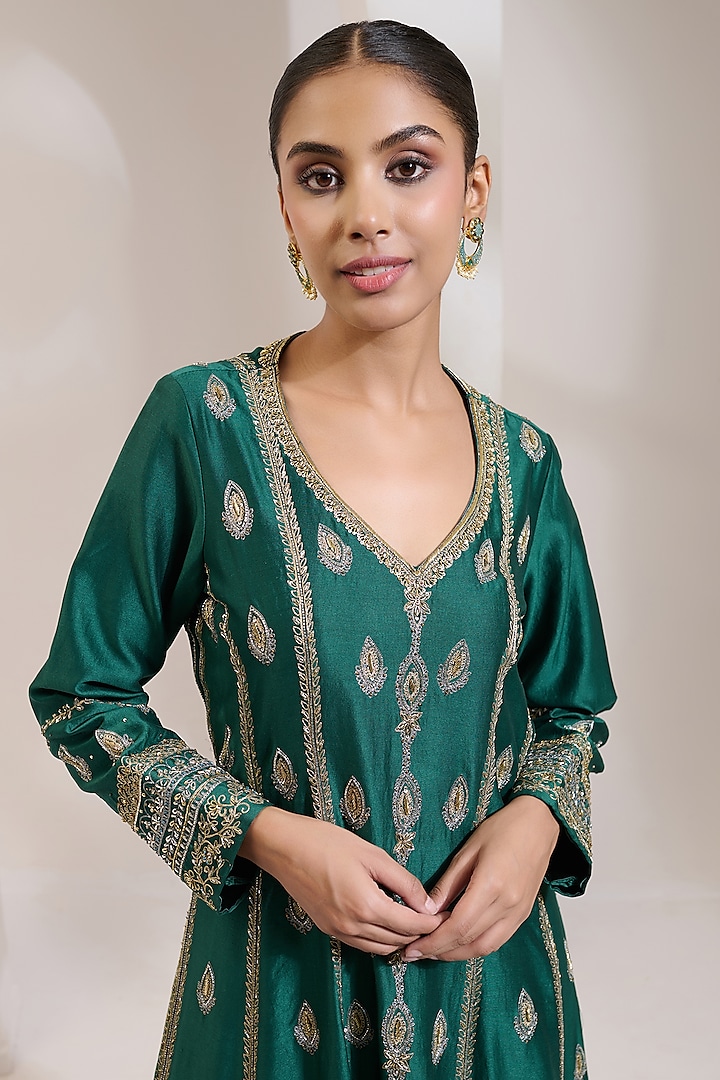 Green Chanderi Dori Hand Embroidered Wedding Anarkali Set by Saahiil Kapoor at Pernia's Pop Up Shop