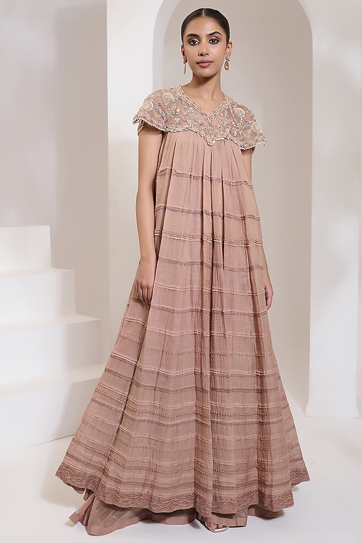 Peach Chanderi Silk Tissue Hand Embroidered Anarkali by Saahiil Kapoor at Pernia's Pop Up Shop