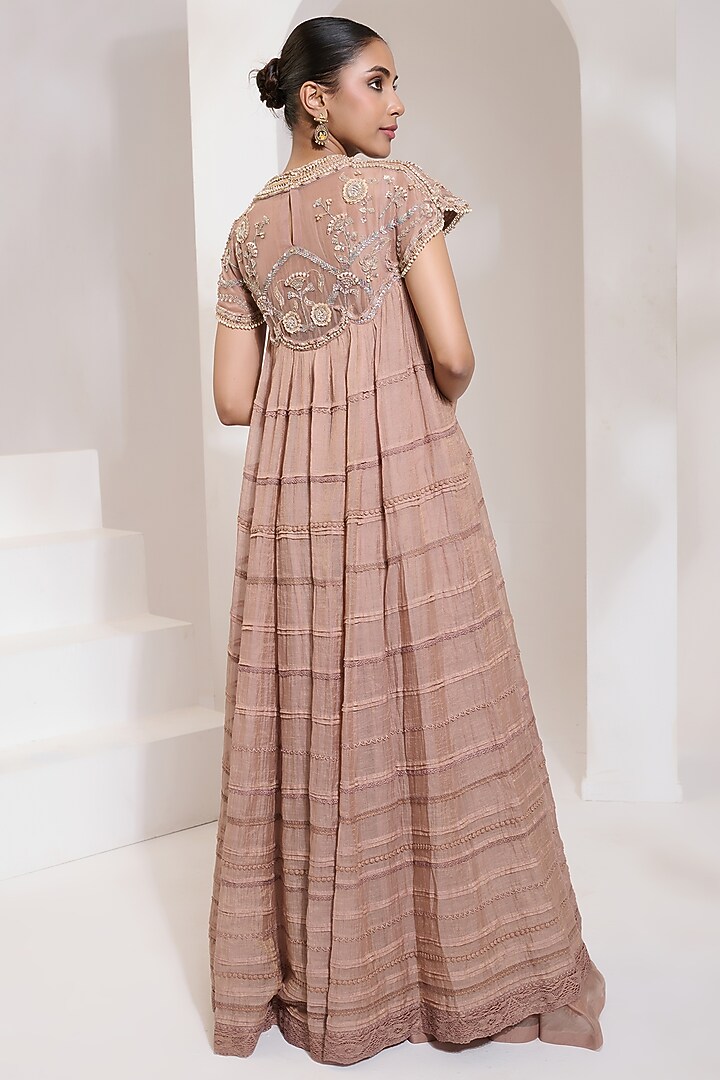Peach Chanderi Silk Tissue Hand Embroidered Wedding Anarkali by Saahiil Kapoor at Pernia's Pop Up Shop