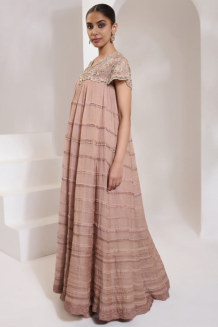 Peach Chanderi Silk Tissue Hand Embroidered Wedding Anarkali by Saahiil Kapoor at Pernia's Pop Up Shop