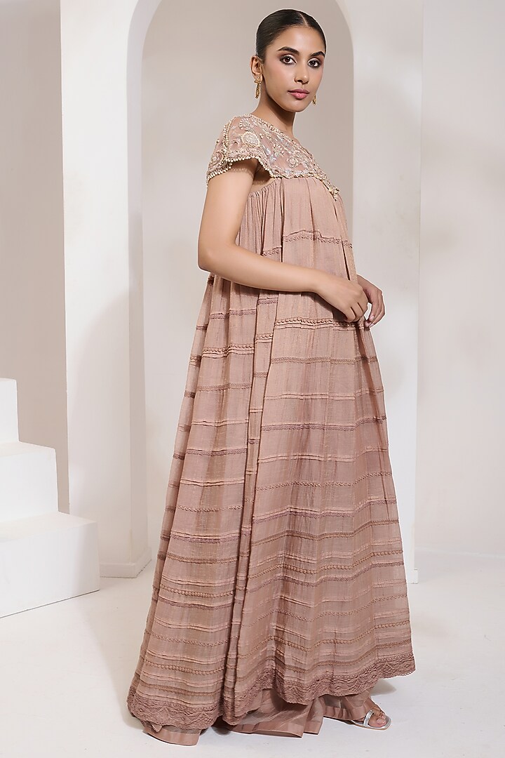 Peach Chanderi Silk Tissue Hand Embroidered Wedding Anarkali by Saahiil Kapoor at Pernia's Pop Up Shop