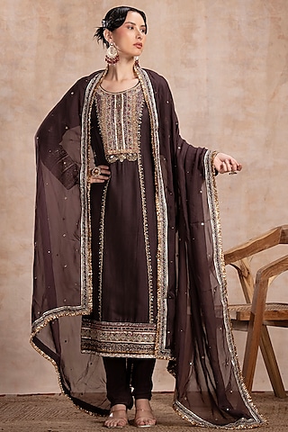 Brown Tussar Zardosi Embellished Straight Kurta Set by Saahiil Kapoor