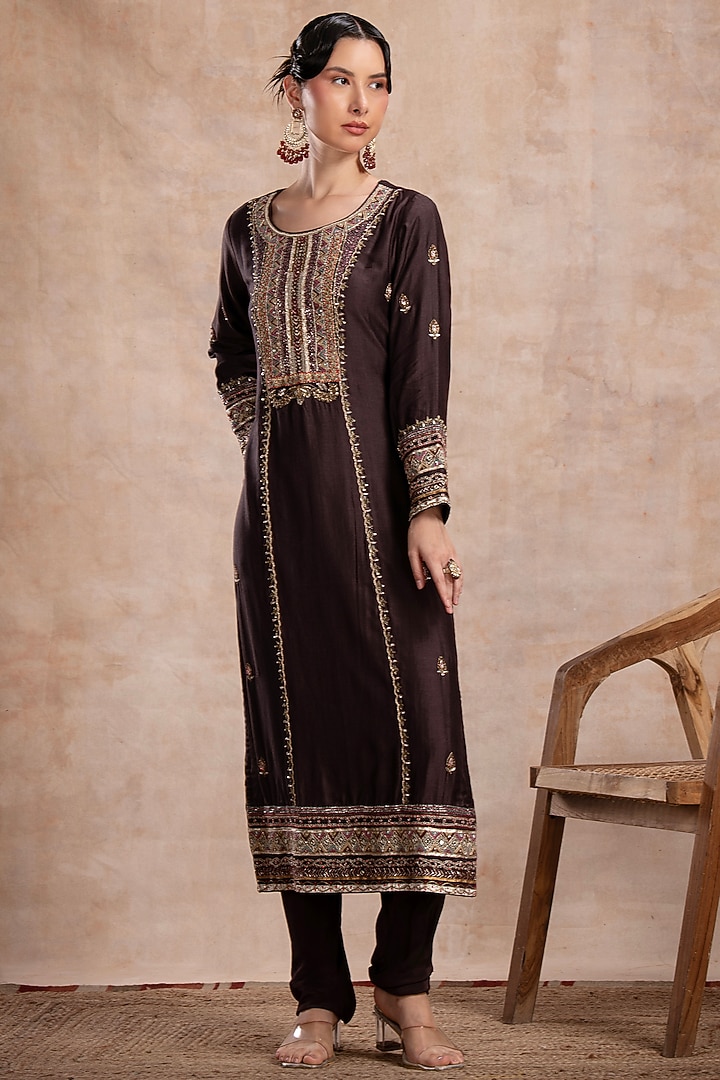 Brown Tussar Zardosi Embellished Straight Kurta Set by Saahiil Kapoor at Pernia's Pop Up Shop