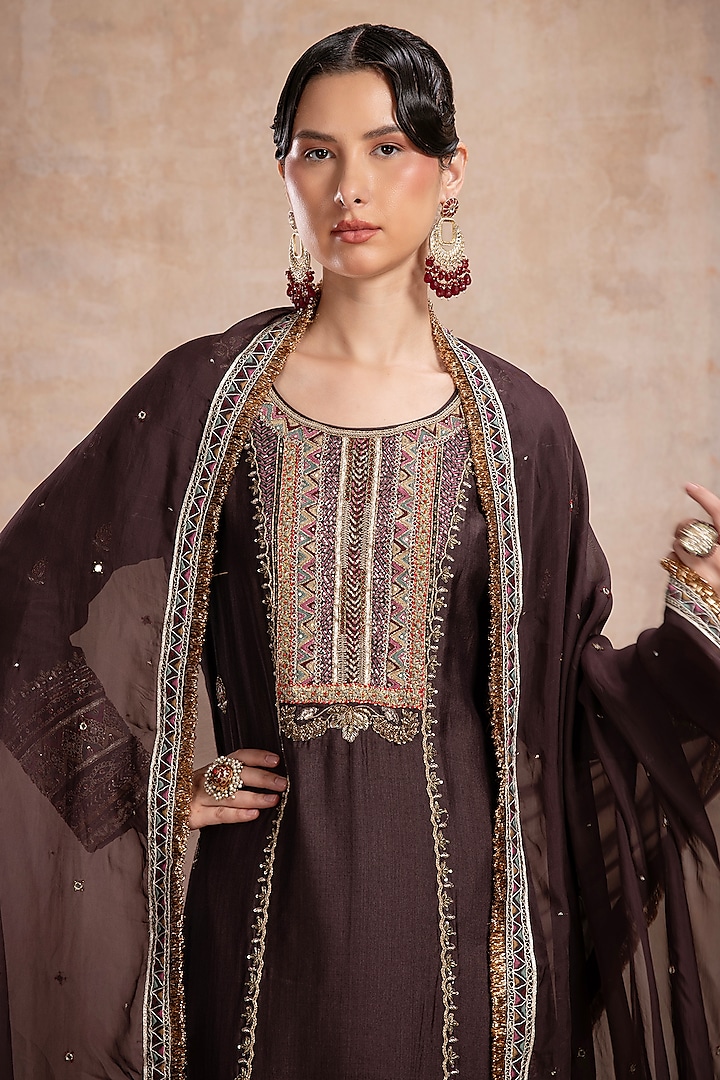 Brown Tussar Zardosi Embellished Straight Kurta Set by Saahiil Kapoor at Pernia's Pop Up Shop