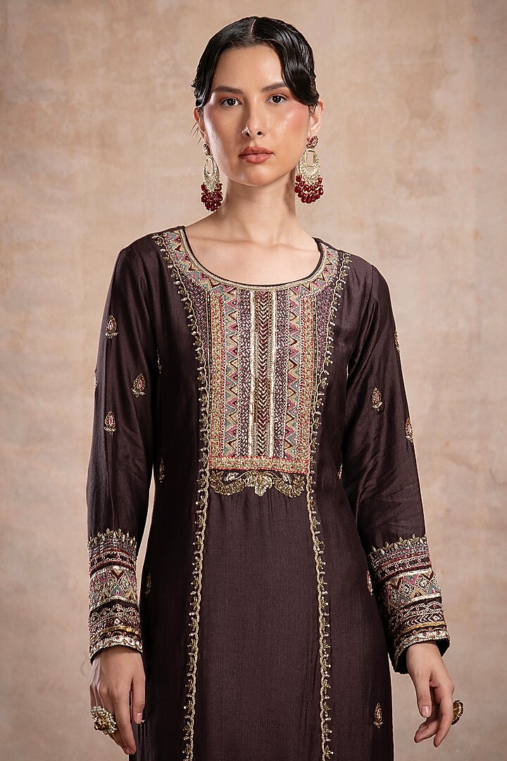 Brown Tussar Zardosi Embellished Straight Kurta Set by Saahiil Kapoor at Pernia's Pop Up Shop