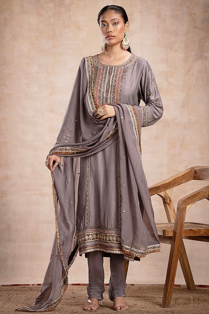 Grey Tussar Zardosi Embellished Straight Kurta Set by Saahiil Kapoor at Pernia's Pop Up Shop