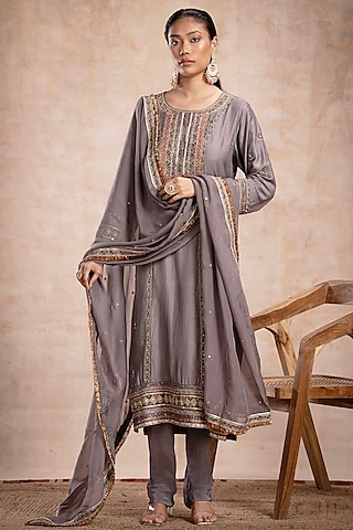 Grey Tussar Zardosi Embellished Straight Kurta Set by Saahiil Kapoor