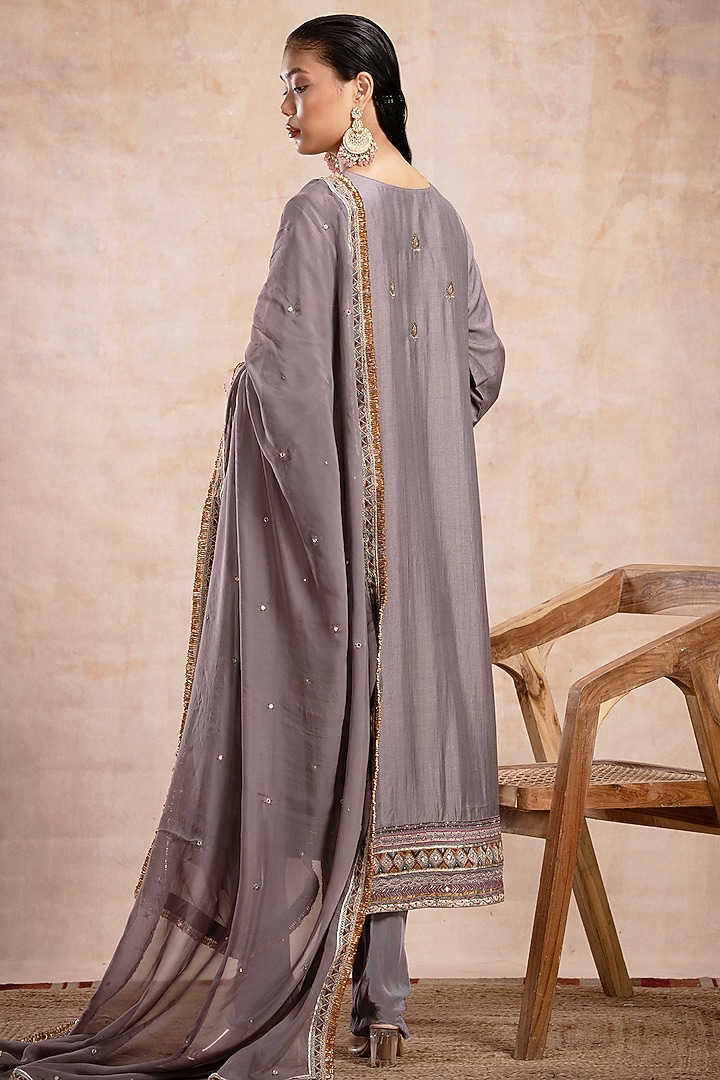 Grey Tussar Zardosi Embellished Straight Kurta Set by Saahiil Kapoor at Pernia's Pop Up Shop