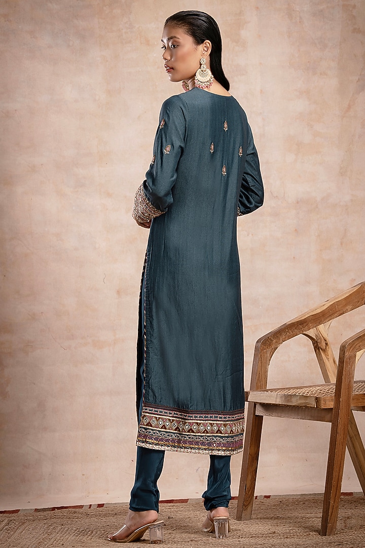 Teal Blue Tussar Zardosi Embellished Straight Kurta Set by Saahiil Kapoor at Pernia's Pop Up Shop