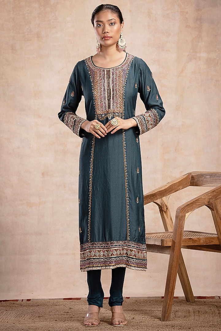 Teal Blue Tussar Zardosi Embellished Straight Kurta Set by Saahiil Kapoor at Pernia's Pop Up Shop