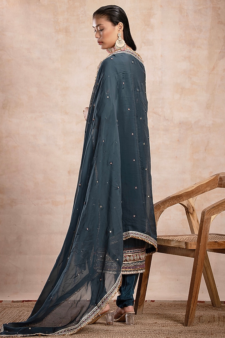 Teal Blue Tussar Zardosi Embellished Straight Kurta Set by Saahiil Kapoor at Pernia's Pop Up Shop
