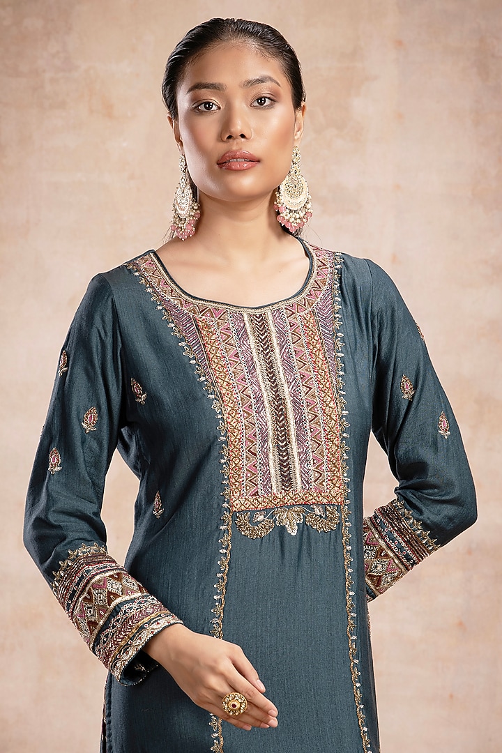 Teal Blue Tussar Zardosi Embellished Straight Kurta Set by Saahiil Kapoor at Pernia's Pop Up Shop
