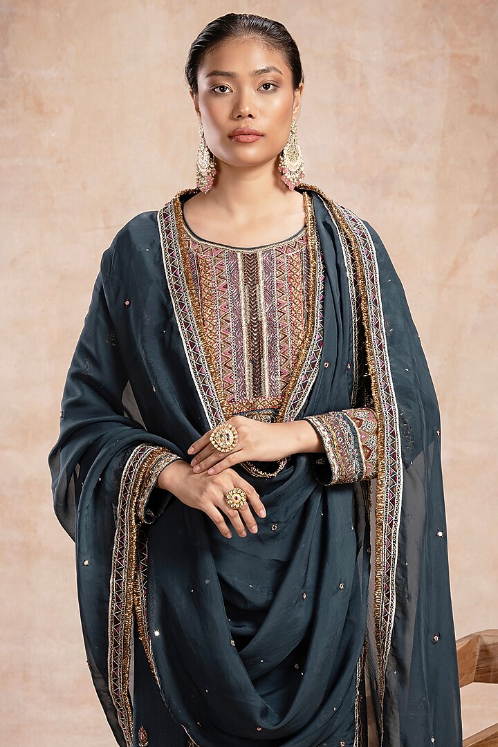 Teal Blue Tussar Zardosi Embellished Straight Kurta Set by Saahiil Kapoor at Pernia's Pop Up Shop