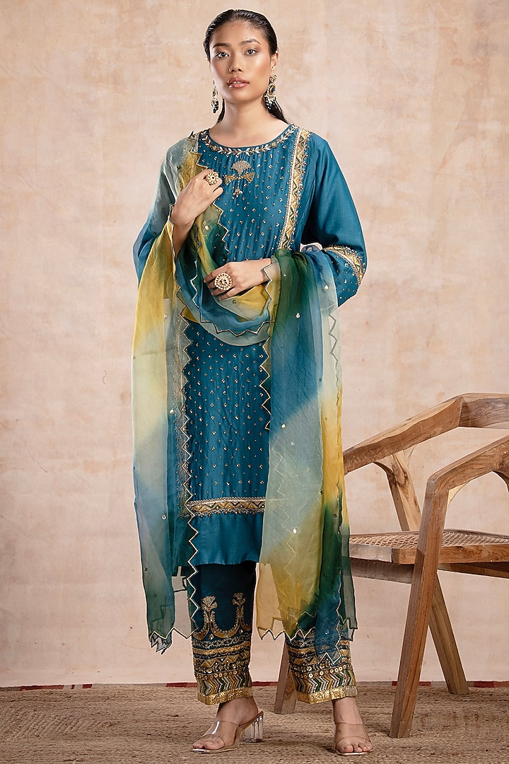 Turquoise Blue Pure Silk Chanderi Tissue Sequins Embroidered Kurta Set by Saahiil Kapoor at Pernia's Pop Up Shop