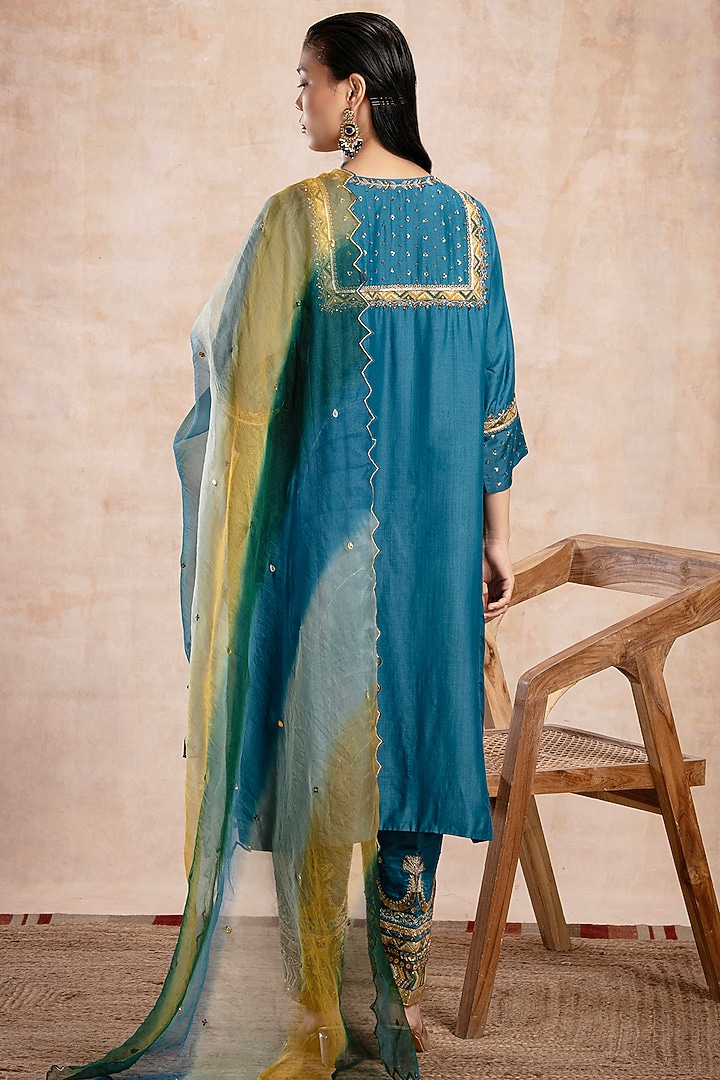 Turquoise Blue Pure Silk Chanderi Tissue Sequins Embroidered Kurta Set by Saahiil Kapoor at Pernia's Pop Up Shop