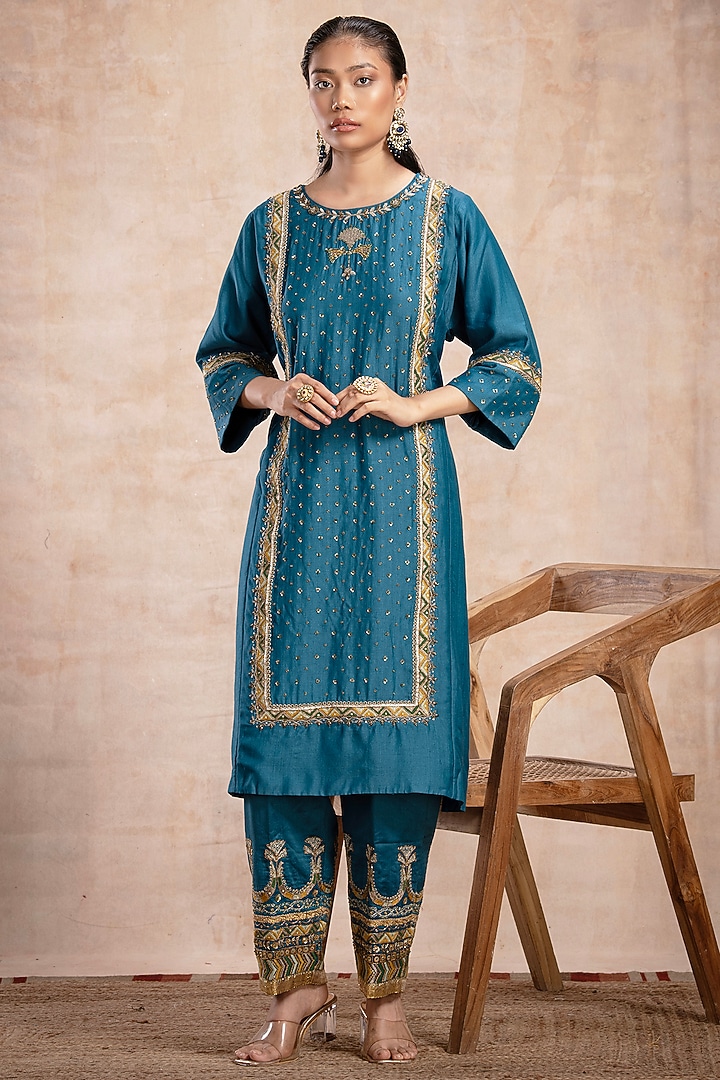 Turquoise Blue Pure Silk Chanderi Tissue Sequins Embroidered Kurta Set by Saahiil Kapoor at Pernia's Pop Up Shop