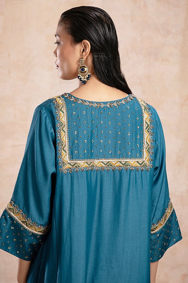 Turquoise Blue Pure Silk Chanderi Tissue Sequins Embroidered Kurta Set by Saahiil Kapoor at Pernia's Pop Up Shop