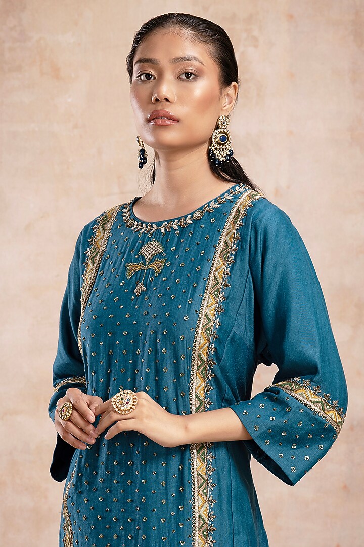 Turquoise Blue Pure Silk Chanderi Tissue Sequins Embroidered Kurta Set by Saahiil Kapoor at Pernia's Pop Up Shop