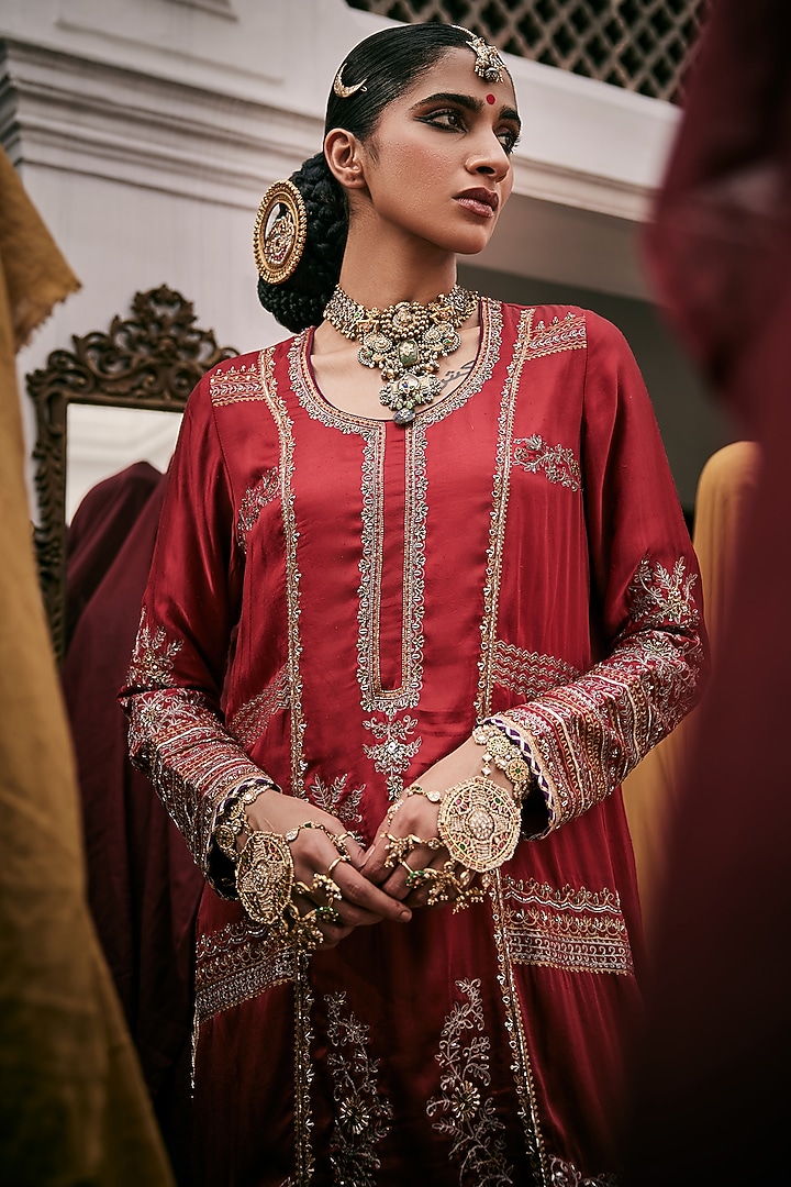 Sindoori Red Modal Satin Aari Work Straight Kurta Set by Saahiil Kapoor at Pernia's Pop Up Shop