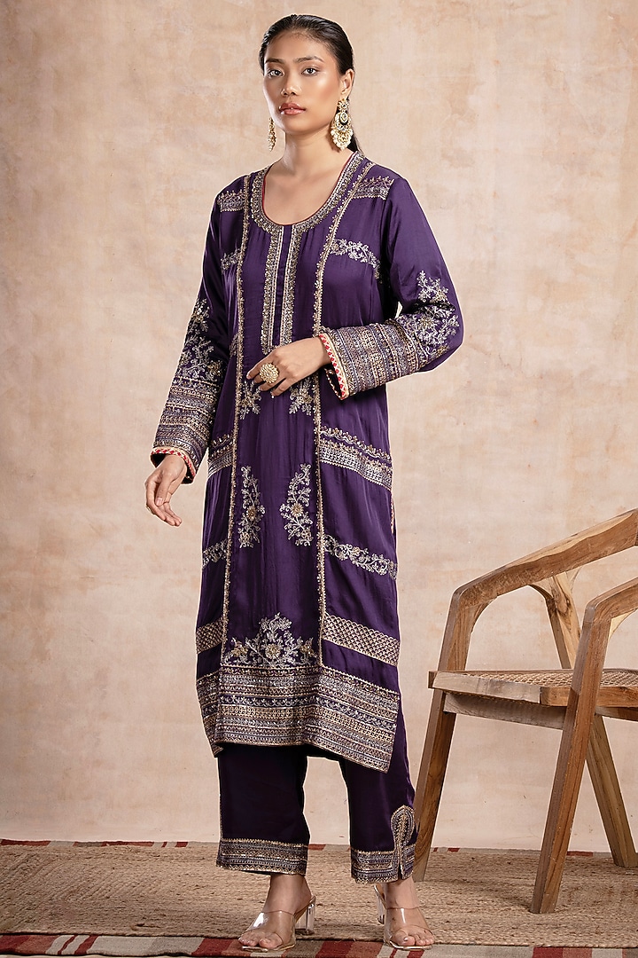 Purple Modal Satin Aari Work Straight Kurta Set by Saahiil Kapoor at Pernia's Pop Up Shop