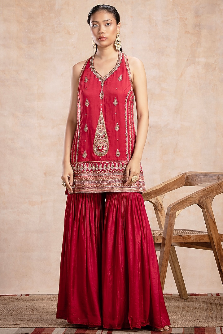 Sindoori Red Silk Gharara Set by Saahiil Kapoor at Pernia's Pop Up Shop