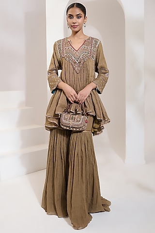 Antique Gold Cotton Silk Sharara Set by Saahiil Kapoor