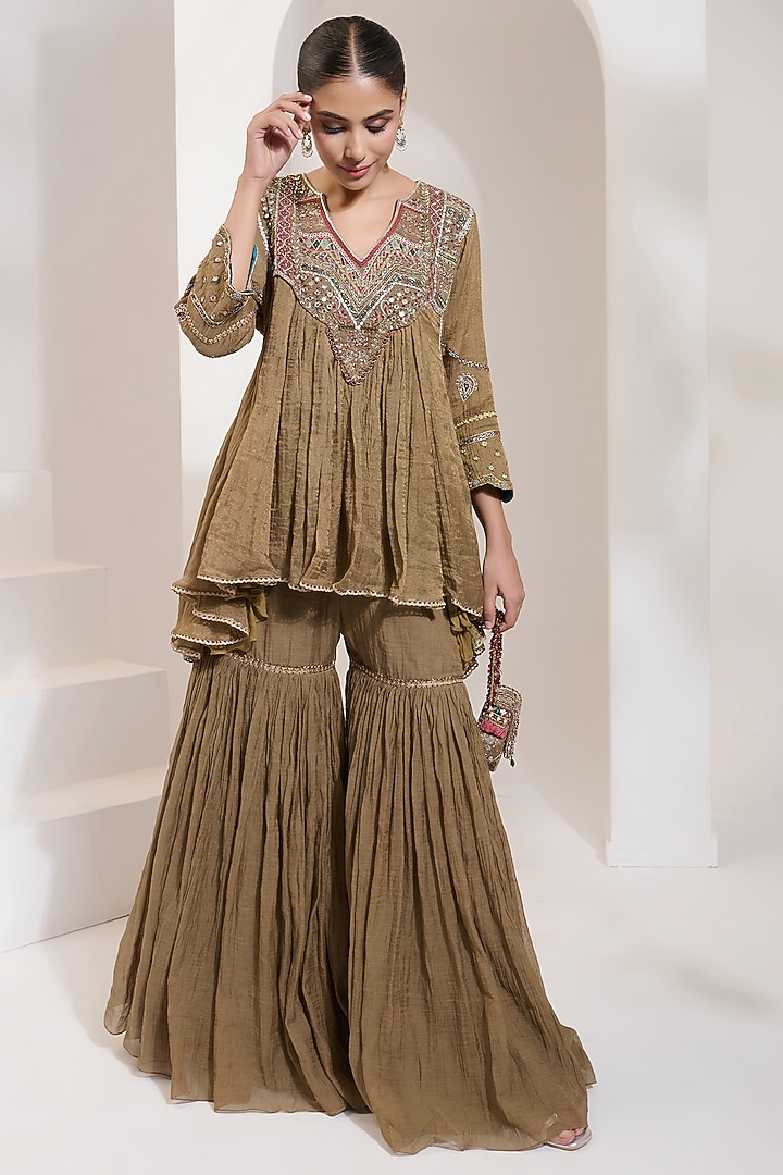 Antique Gold Cotton Silk Wedding Sharara Set by Saahiil Kapoor at Pernia's Pop Up Shop