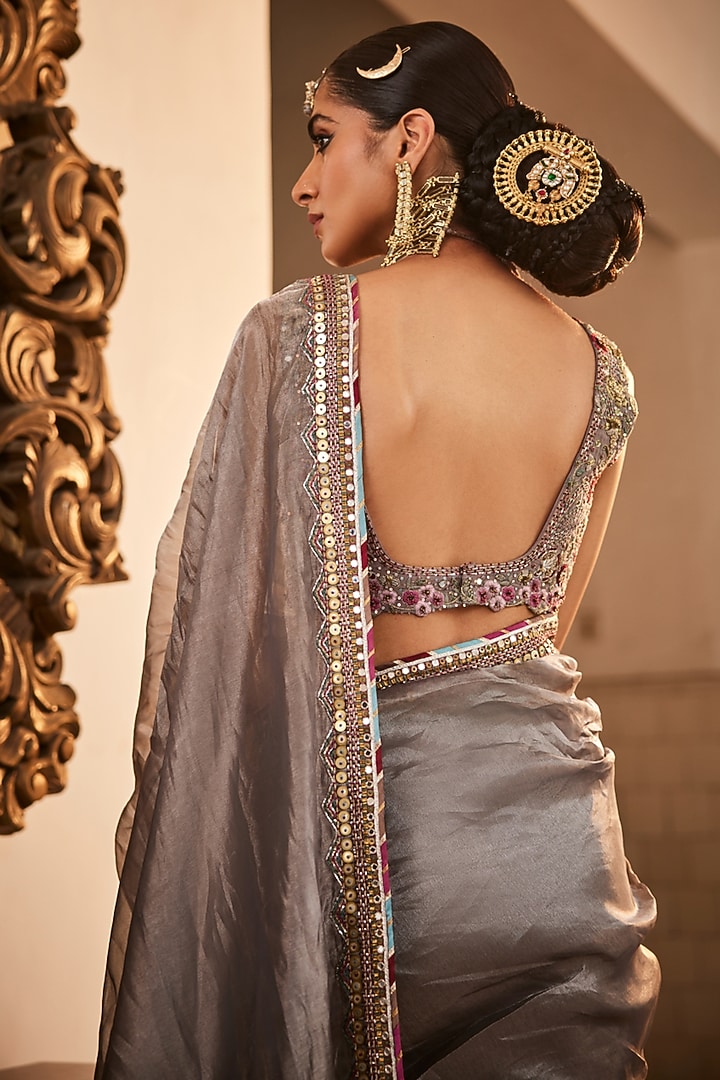 Grey Handloom Tissue Silk Zardosi Work Reception Saree Set by Saahiil Kapoor at Pernia's Pop Up Shop