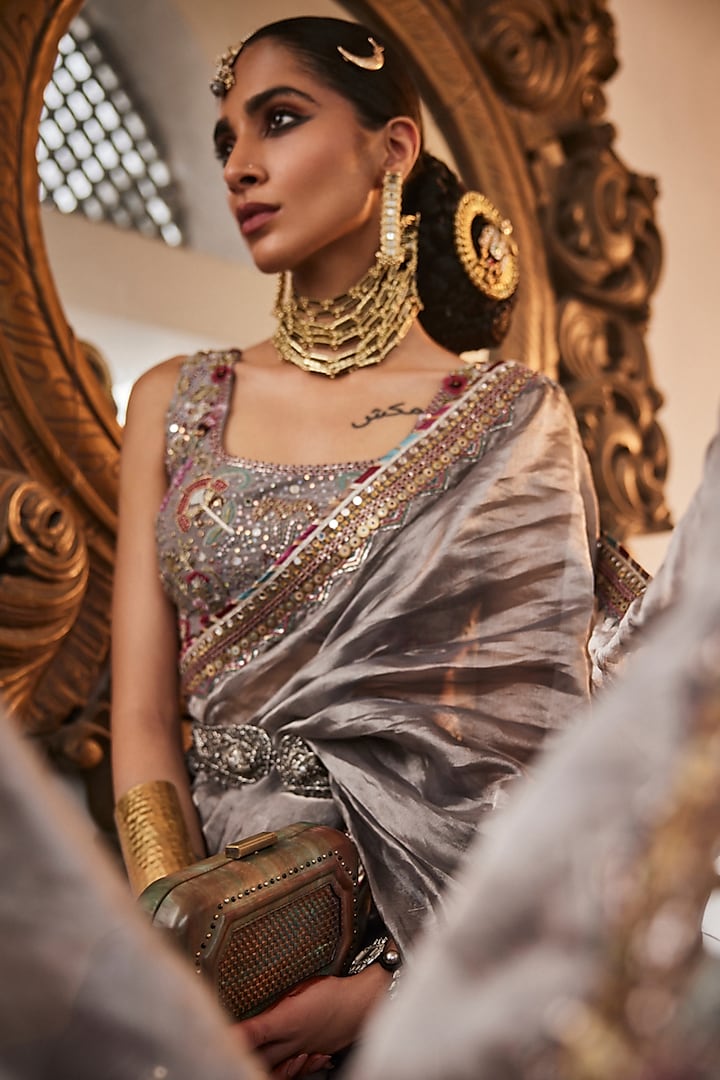 Grey Handloom Tissue Silk Zardosi Work Reception Saree Set by Saahiil Kapoor at Pernia's Pop Up Shop