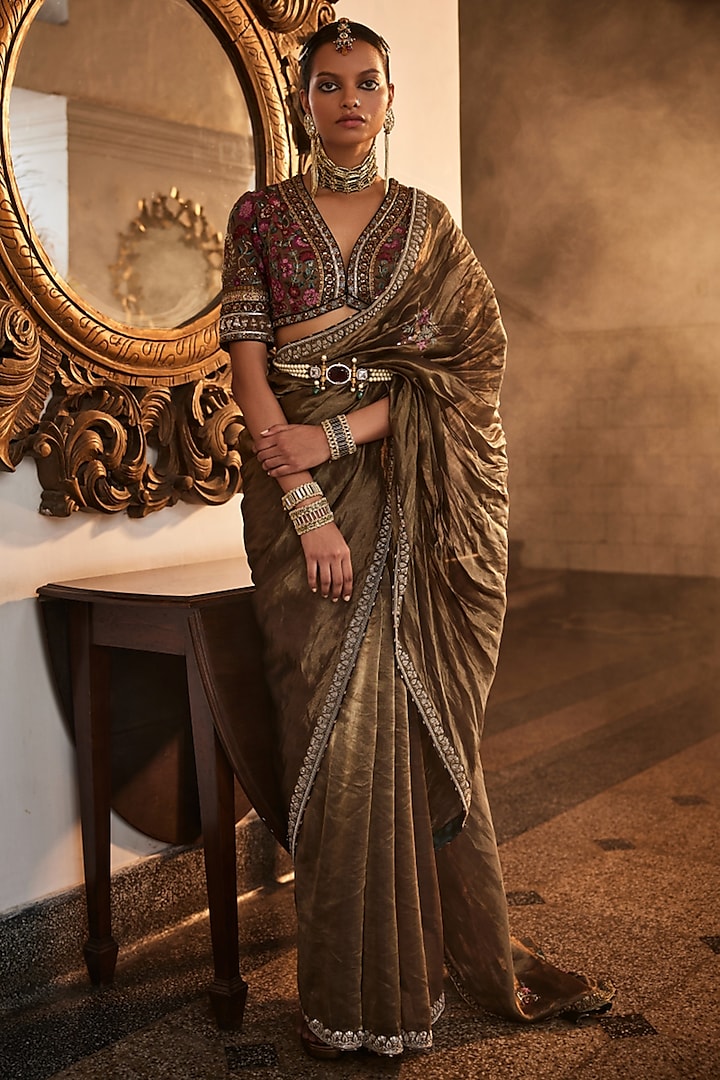 Antique Gold Handloom Tissue Silk Zardosi Work Saree Set by Saahiil Kapoor at Pernia's Pop Up Shop