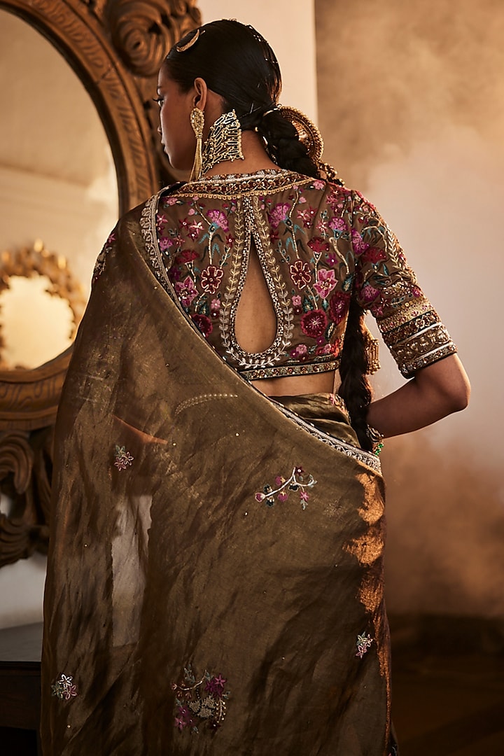 Antique Gold Handloom Tissue Silk Zardosi Work Reception Saree Set by Saahiil Kapoor at Pernia's Pop Up Shop