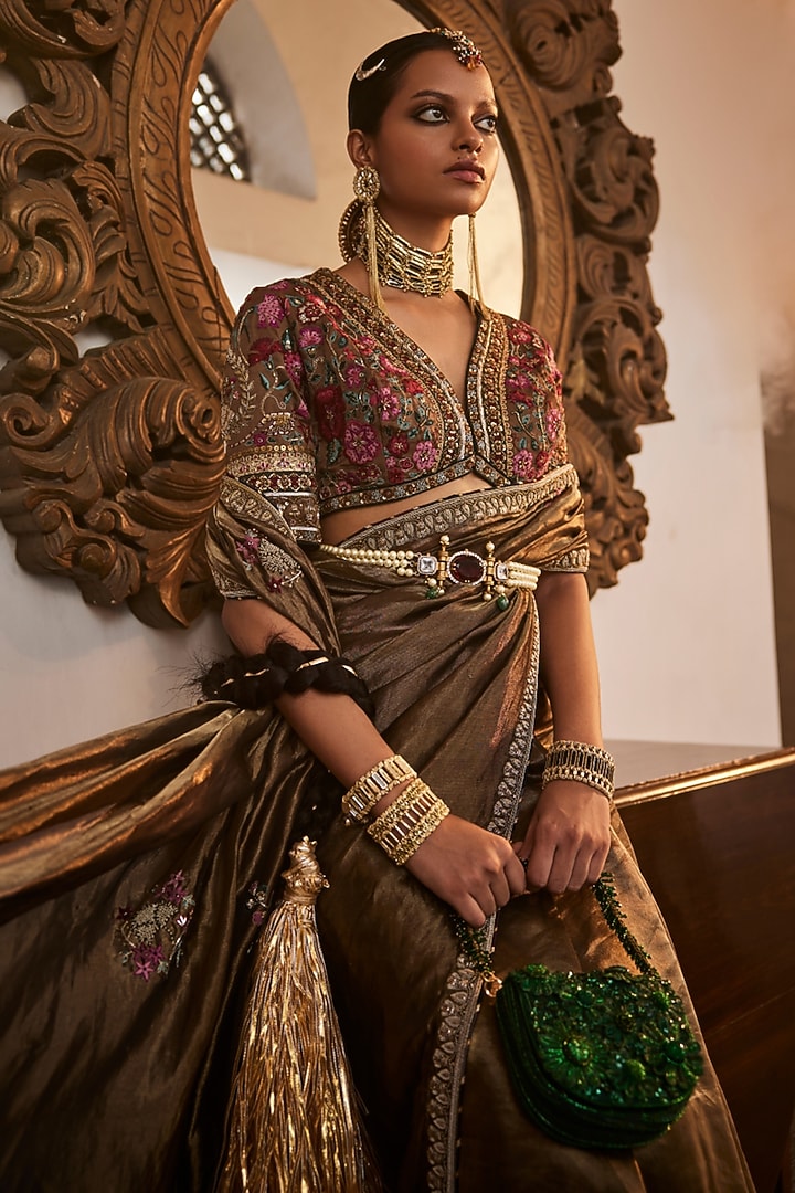 Antique Gold Handloom Tissue Silk Zardosi Work Reception Saree Set by Saahiil Kapoor at Pernia's Pop Up Shop