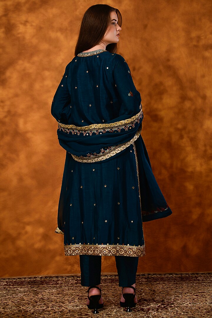 Teal Blue Silk Sequins Work A-Line Kurta Set by Saahiil Kapoor at Pernia's Pop Up Shop