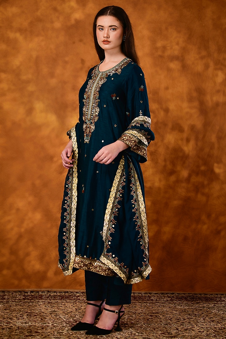 Teal Blue Silk Sequins Work A-Line Kurta Set by Saahiil Kapoor at Pernia's Pop Up Shop