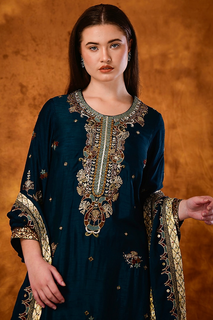 Teal Blue Silk Sequins Work A-Line Kurta Set by Saahiil Kapoor at Pernia's Pop Up Shop