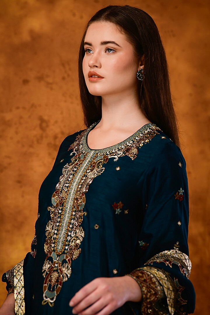 Teal Blue Silk Sequins Work A-Line Kurta Set by Saahiil Kapoor at Pernia's Pop Up Shop