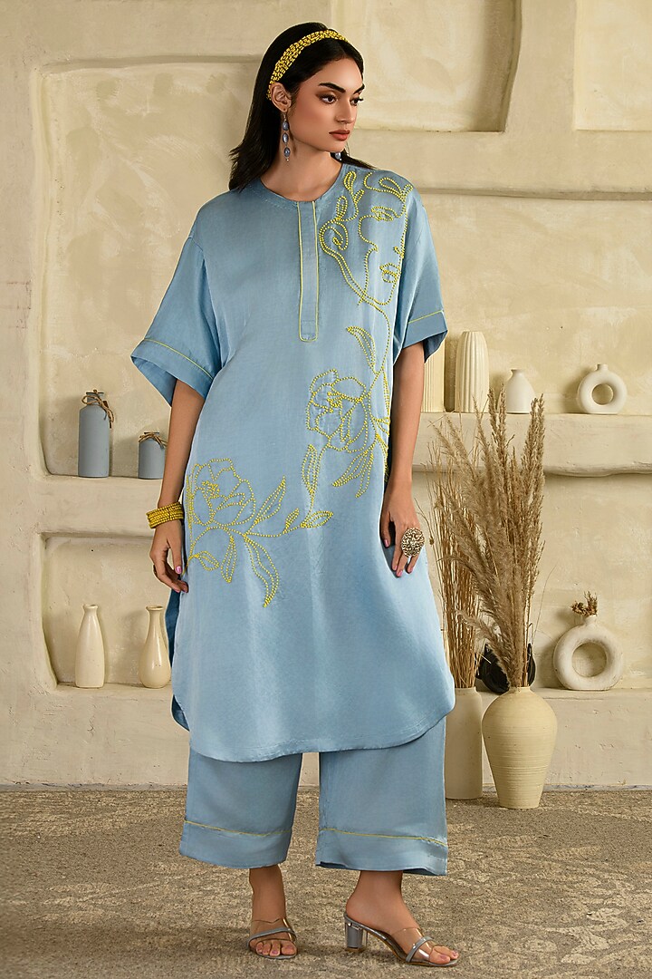 Blue Linen Satin Hand Embroidered Co-Ord Set by Saahiil Kapoor at Pernia's Pop Up Shop