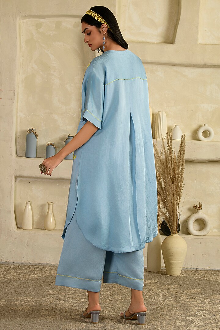 Blue Linen Satin Hand Embroidered Co-Ord Set by Saahiil Kapoor at Pernia's Pop Up Shop