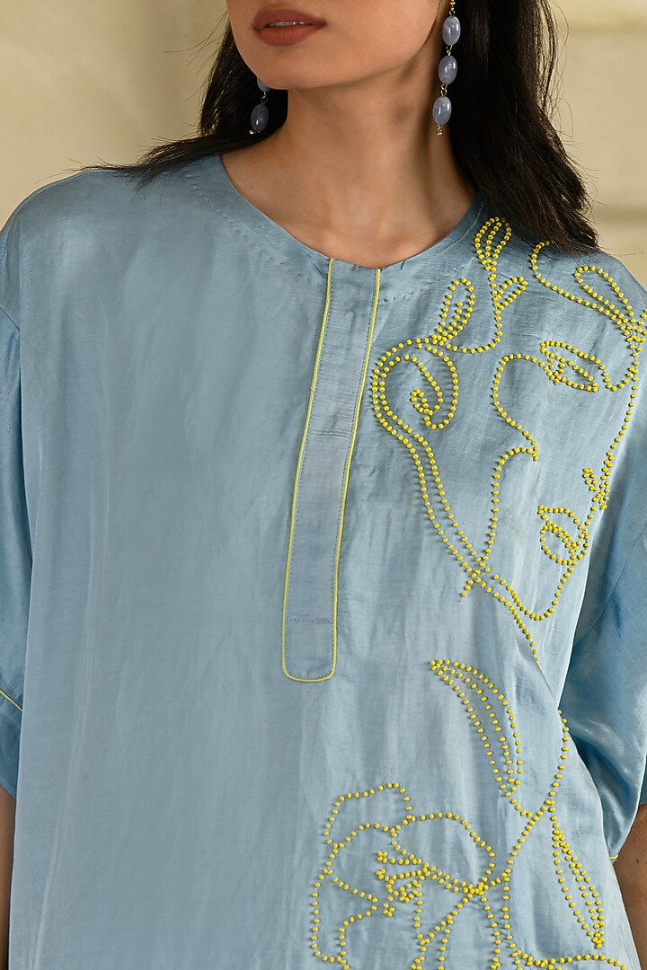 Blue Linen Satin Hand Embroidered Co-Ord Set by Saahiil Kapoor at Pernia's Pop Up Shop