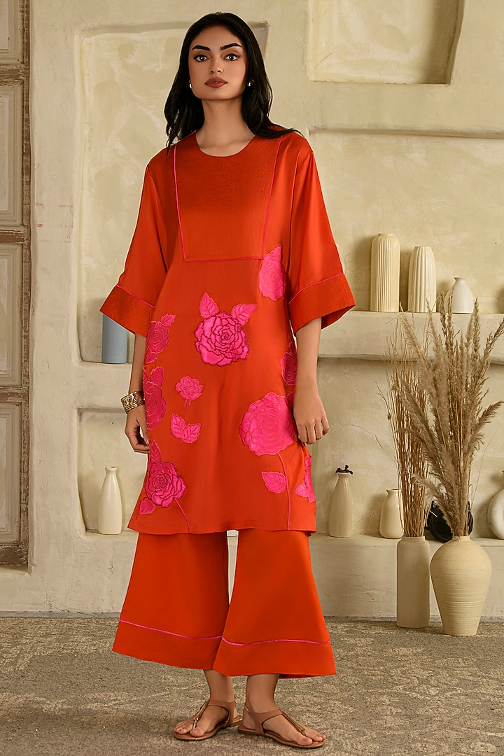 Orange Twill Satin Blend Floral Applique Work Co-Ord Set by Saahiil Kapoor at Pernia's Pop Up Shop