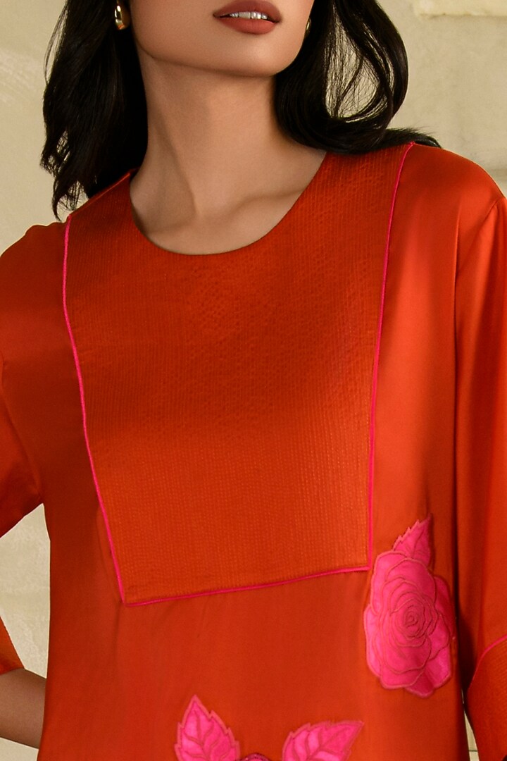 Orange Twill Satin Blend Floral Applique Work Co-Ord Set by Saahiil Kapoor at Pernia's Pop Up Shop
