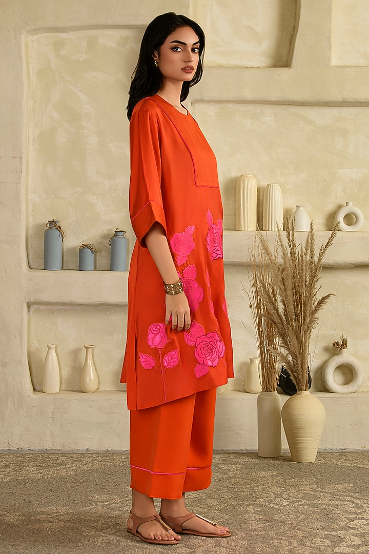 Orange Twill Satin Blend Floral Applique Work Co-Ord Set by Saahiil Kapoor at Pernia's Pop Up Shop