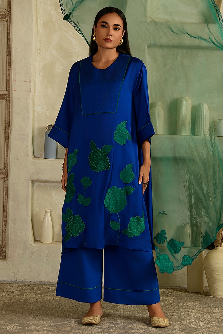 Blue Twill Satin Blend Floral Applique Work Co-Ord Set by Saahiil Kapoor at Pernia's Pop Up Shop