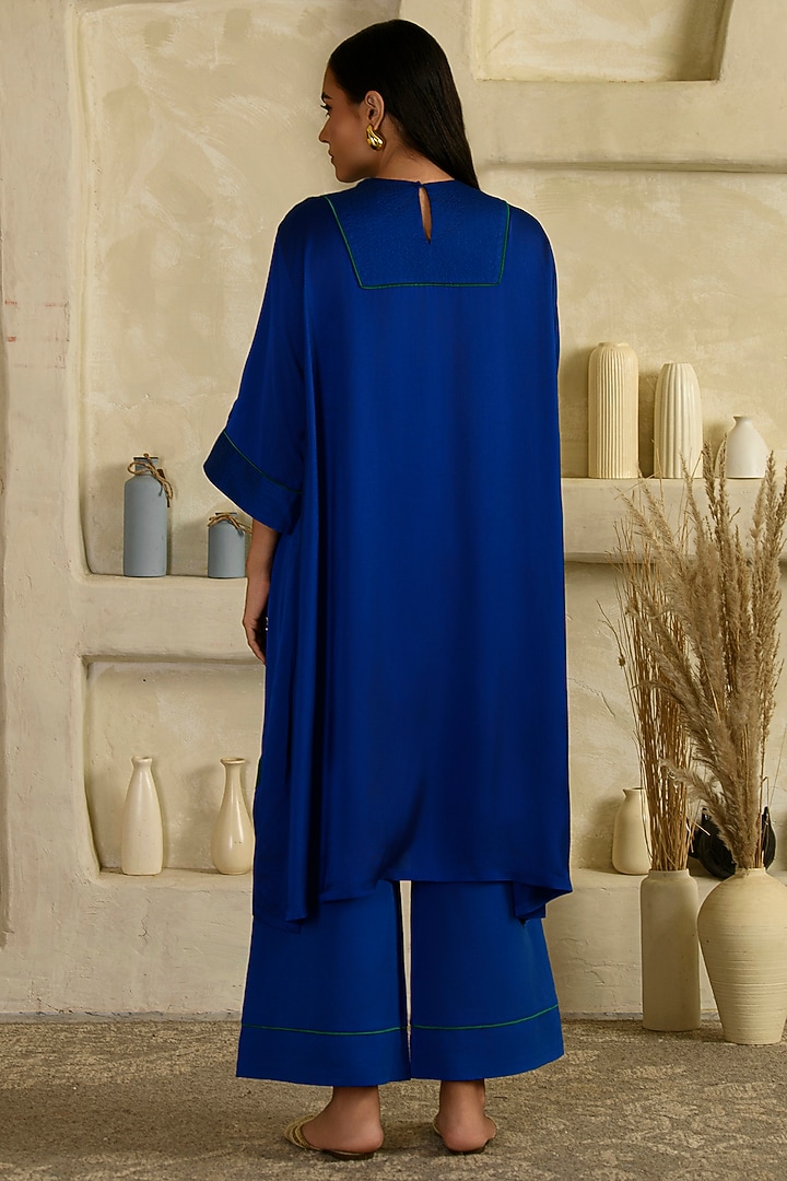 Blue Twill Satin Blend Floral Applique Work Co-Ord Set by Saahiil Kapoor at Pernia's Pop Up Shop