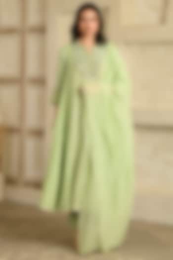 Pista Green Chanderi Tissue Silk Hand Embroidered Wedding Anarkali Set by Saahiil Kapoor at Pernia's Pop Up Shop
