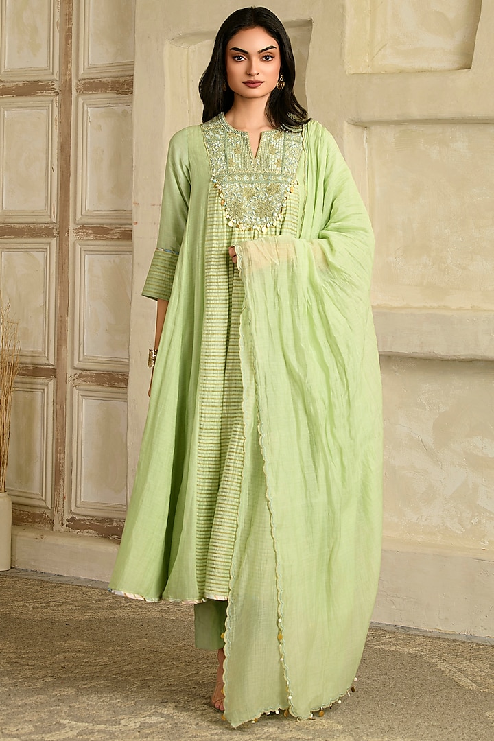 Pista Green Chanderi Tissue Silk Hand Embroidered Wedding Anarkali Set by Saahiil Kapoor at Pernia's Pop Up Shop
